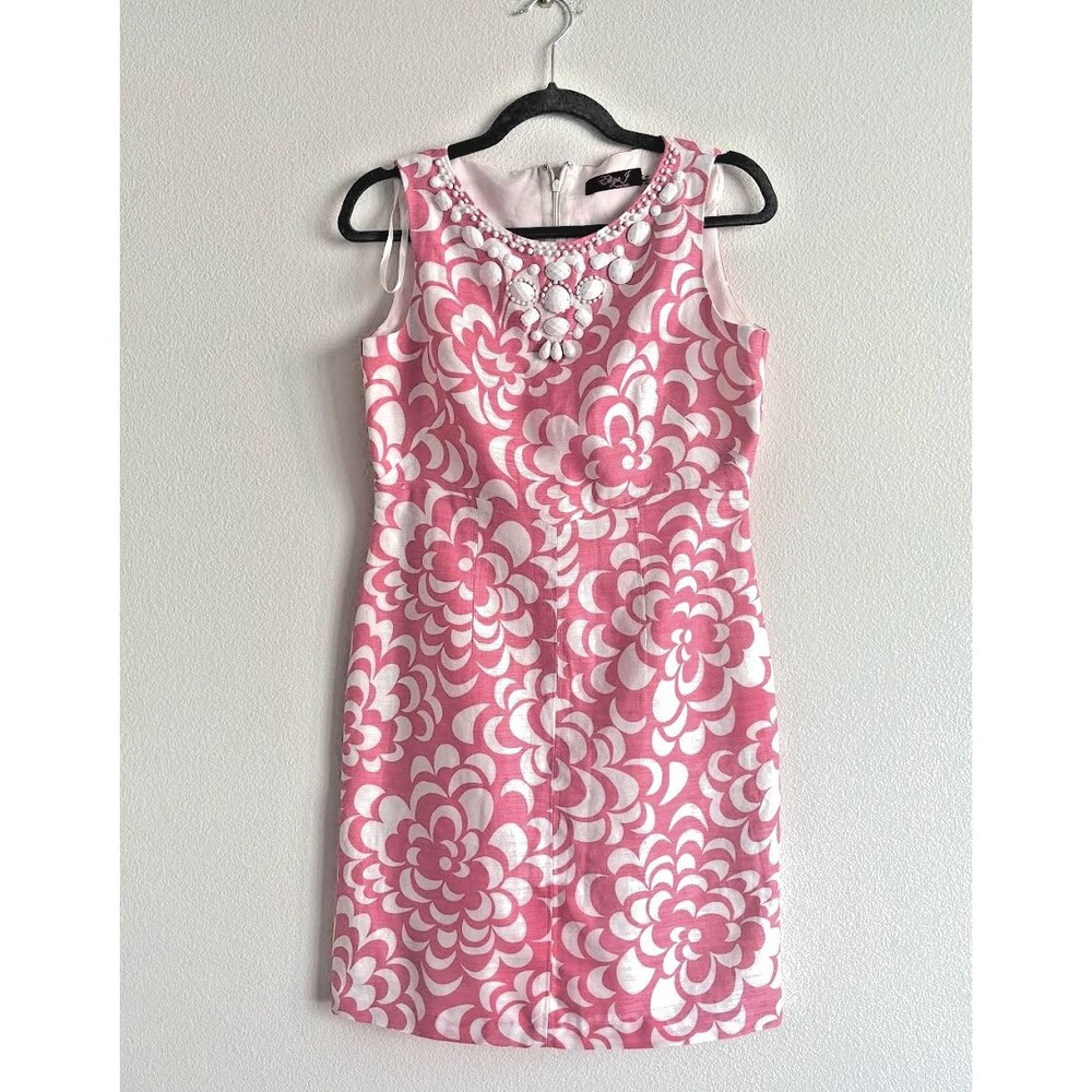 Eliza J Pink White Floral Linen Blend Beaded Neck Sheath Dress - 8P